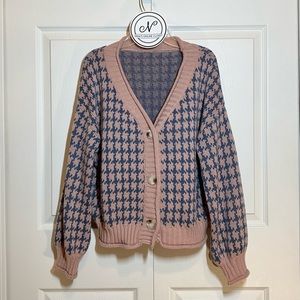 SHEIN Women’s Houndstooth V-Neck Cardigan Sweater Pink Blush/Blue Size S